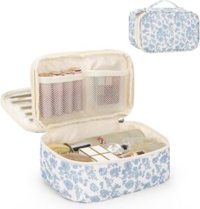 Relavel Travel Makeup Bag, Small Floral Cosmetic Bag with Handle for Trip